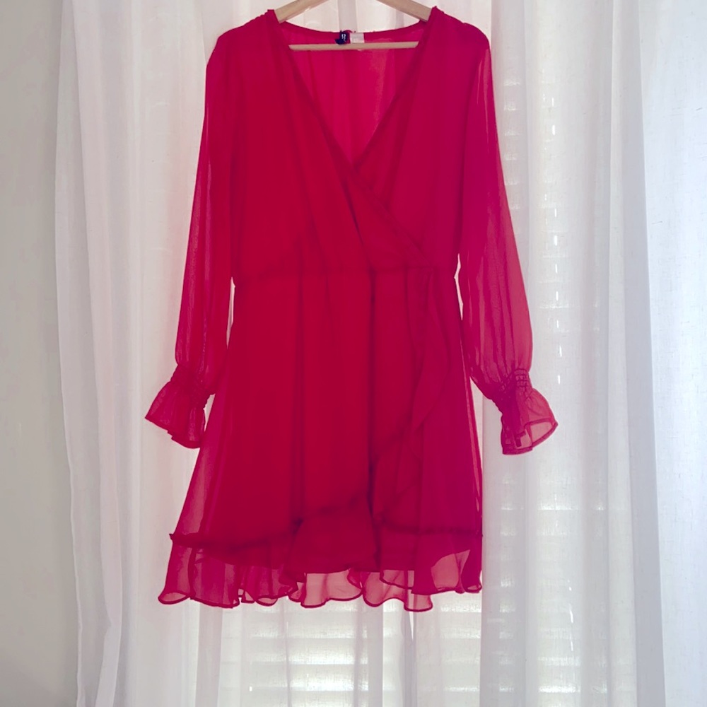Vibrant red cocktail Mini dress long sleeve red color wrap style ruffle hem